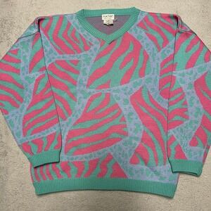 Vintage SKYR Sweater Womens Small Blue Pink Wool Blend Knit Abstract Art